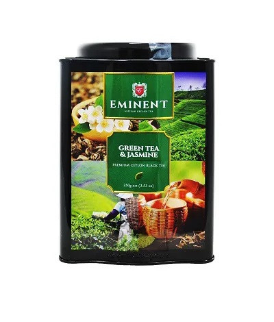 چای سبز سیلان ممتاز با طعم جاسمین/گل یاس امیننت قوطی فلزی مربعی بزرگ با درب بدون قفل (سبز رنگ) 250 گرمی