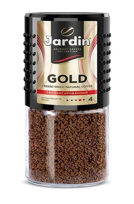قهوه فوری 190 گرمی جاردین گلد/طلایی گورمت/حرفه ای وارداتی اصل (روسیه شیشه رنگ طلایی درب مشکی شدت 4 از 5)