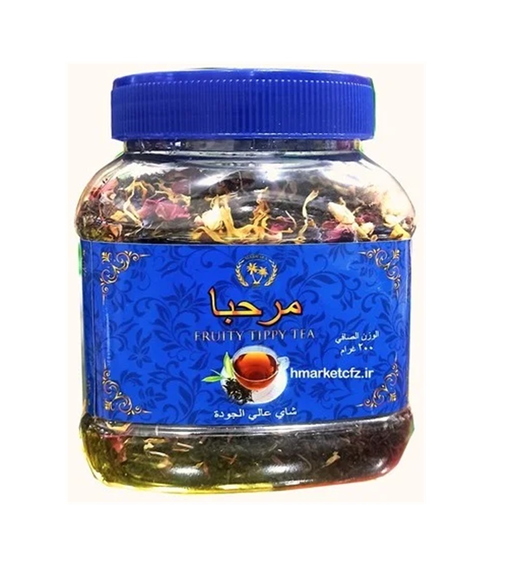 چای سیاه مرحبا مدل مراکشی/میوه ای سیلانی وزن ۲۰۰ گرم (قوطی آبی وارداتی اصل با طعم میوه ای)