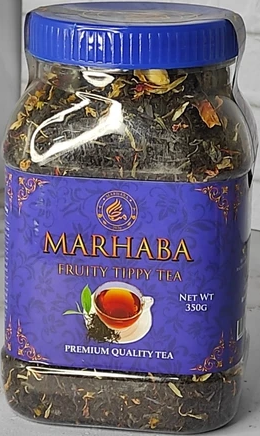 چای سیاه مرحبا مدل مراکشی/میوه ای سیلانی وزن 350 گرم (قوطی آبی وارداتی اصل با طعم میوه ای)
